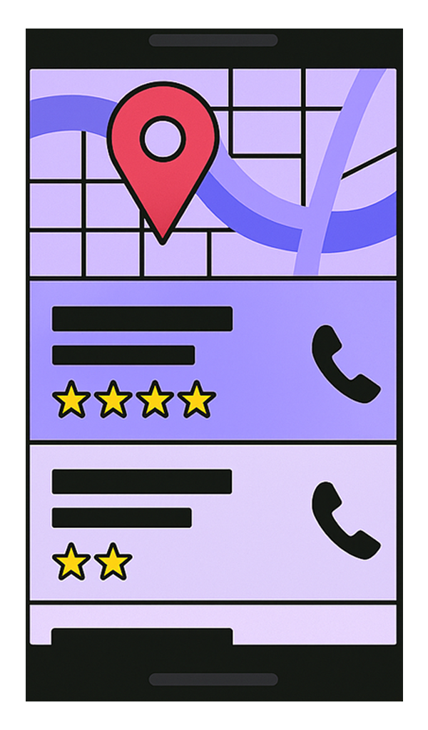 Google Maps showing business listings with different star ratings